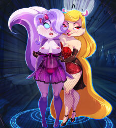 absurdres animaniacs bare_shoulders barefoot blonde_hair breasts cleavage crossover erohd expressionless female_only femdom femsub fifi_la_fume fishnets furry halloween happy_trance high_heels large_breasts long_hair minerva_mink mink_girl multicolored_hair multiple_girls open_mouth red_eyes skunk_girl spiral_eyes symbol_in_eyes tiny_toon_adventures topless underwear vampire western rating:Questionable score:141 user:daveyboysmith9