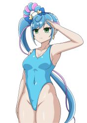 bangs bare_legs blue_hair breasts cure_spicy delicious_party_precure earrings empty_eyes expressionless female_only femsub green_eyes hair_ornament hair_ribbon kokone_fuwa leotard long_hair magical_girl navel ponytail precure saluting side_ponytail simple_background skymidaisuki solo standing standing_at_attention white_background rating:Questionable score:5 user:JustChilling