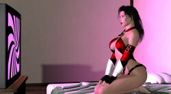  3d amazon_arrow_(amazonarrow) amazonarrow black_hair chryseis_(amazonarrow) collarbone femsub gloves hypnotic_screen kneeling long_hair open_mouth original red_lipstick sideboob spiral_eyes symbol_in_eyes tech_control  rating:explicit score: user:3cle's