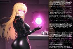 ai_art ass blonde_hair bodysuit bragging breasts caption dialogue enemy_conversion english_text eyebrows_visible_through_hair female_only female_pov femdom gloves glowing_eyes hourglass_figure hypnotic_ass jaaysiin_(manipper) latex long_hair looking_at_viewer looking_back memory_alteration novelai_(ai) orb pov_sub psychic purple_eyes restrained smile smug telepathy text tight_clothing tracey_(jaaysiin) rating:Questionable score:108 user:jaaysiin