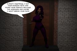 3d amaryst_(theheckle) breasts costume dialogue female_only large_breasts original purple_hair text theheckle rating:questionable score: user:theheckle