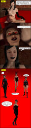 3d absurdres alternate_costume black_hair bodysuit boots bottomless breasts bunnysuit comic dialogue female_only femdom femsub gloves glowing glowing_eyes happy_trance head_in_lap high_heels latex nude opera_gloves original red_eyes red_hair text theheckle topless yuri rating:Explicit score:29 user:theheckle