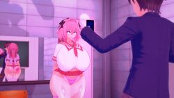 3d astolfo_(fate/grand_order) breasts fate/apocrypha fate_(series) femsub genderswap huge_breasts long_hair maledom mirror pink_hair standing standing_at_attention tech_control tsotk rating:Questionable score:41 user:Mattlau04