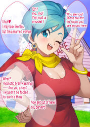 aware blue_hair breasts bulma_briefs clothed dialogue dragon_ball earrings female_only hard_translated katsuyoshi4278 one_eye_open smile text translated v rating:Safe score:27 user:Bootyhunter69