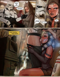  absurdres ahsoka_tano alien cherry-gig comic drool failed_hypnosis fellatio femdom gloves gonk_droid gun humor jedi_mind_trick open_mouth opera_gloves pants penis pubic_hair robot shorts squatting star_wars star_wars_rebels stormtrooper tentacles text togruta twintails weapon  rating:explicit score: user:vg_climp