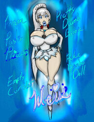 bimbofication bradtanker3 breasts drool femsub high_heels huge_lips large_breasts large_lips panties ponytail rwby scar text thighs underwear weiss_schnee white_hair rating:Questionable score:55 user:SexyHex