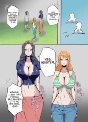 bikini bikini_top black_hair breasts buhimaru2121 clothed dialogue empty_eyes english_text expressionless femsub hard_translated instant_loss jeans large_breasts long_hair maledom multiple_girls multiple_subs nami_(one_piece) nico_robin one_piece orange_eyes orange_hair purple_eyes standing standing_at_attention sunglasses text translated ugly_bastard rating:Explicit score:29 user:Bootyhunter69