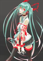 bondage breasts collar corruption female_only femsub glowing glowing_eyes green_hair headphones kauto large_breasts long_hair miku_hatsune open_mouth red_eyes simple_background skirt solo tech_control thighhighs tie twintails vocaloid rating:safe score: user:hypno