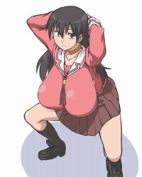 arms_above_head azumanga_daioh breasts brown_hair choker female_only izanagi large_breasts long_hair otoo sakaki school_uniform simple_background solo squatting rating:Questionable score:35 user:Sleepyhead97