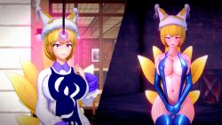 3d animal_ears before_and_after bikini blonde_hair breasts coin dio drool glowing glowing_eyes hat heart heart_eyes koikatsu! large_breasts leggings navel pendulum ran_yakumo short_hair symbol_in_eyes tail touhou rating:Questionable score:35 user:SexyHex