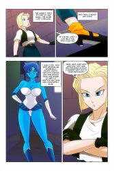 absurdres android_18 bare_shoulders blonde_hair blue_eyes blue_hair blue_skin breasts cleavage comic crossover dragon_ball dragon_ball_z empty_eyes female_only femsub gloves happy_trance large_breasts multiple_girls opera_gloves sailor_mercury sailor_moon_(series) short_hair smile text wadevezecha rating:Questionable score:39 user:daveyboysmith9