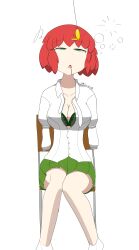  bare_legs bra chair clothed_exposure dazed drool empty_eyes exposed_chest expressionless female_only femsub green_eyes katawa_shoujo large_breasts legs open_shirt pendulum pocket_watch red_hair rin_tezuka_(katawa_shoujo) short_hair sitting skirt sobergin solo thighs tie  rating:questionable score: user:sobergin