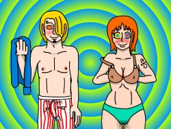 blonde_hair blush boxers bra breasts bulge cleavage erect_nipples erection femsub hair_covering_one_eye happy_trance large_breasts malesub multiple_subs nami_(one_piece) one_piece orange_hair panties penis precum pussy_juice ring_eyes sanji short_hair smile standing standing_at_attention tabletennis tattoo topless underwear undressing wet_clothes rating:questionable score: user:tabletennis