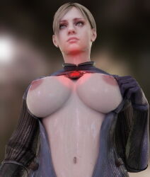 3d absurdres blonde_hair blue_eyes bobyshal bodysuit breasts_outside capcom clothed_exposure exposed_chest expressionless female_only femsub glowing grey_eyes jill_valentine large_breasts microchip navel nipples open_clothes p30 ponytail resident_evil resident_evil_5 simple_background solo standing sweat tech_control topless undressing wet zipper rating:Explicit score:36 user:VortexMaster