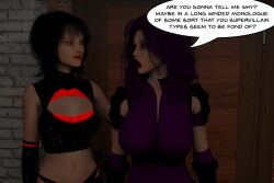 3d amaryst_(theheckle) black_hair breasts costume dialogue female_only kisstress_(theheckle) large_breasts latex midriff original purple_hair text theheckle rating:Questionable score:8 user:theheckle