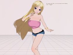 3d 3d_custom_girl bimbofication blonde_hair blue_eyes bracelet breasts crop_top henshin-san jean_shorts large_breasts long_hair makeup simple_background text rating:Explicit score:3 user:RayX