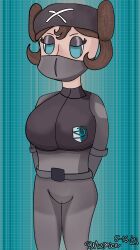  aged_up blue_background blue_eyes breasts brown_hair clothed corruption dnaspice empty_eyes enemy_conversion eyeshadow face_mask female_only femsub hair_buns nintendo pokemon pokemon_black_and_white_2 rosa_(pokemon) team_plasma team_plasma_grunt  rating:questionable score: user:dnaspice