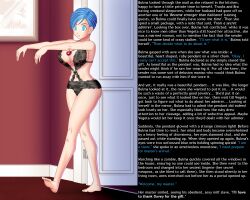 barefoot blue_hair bluebullpen breasts bulma_briefs caption dragon_ball female_only femsub ghost13_(writer) huge_breasts hypnotic_accessory icontrol_(manipper) lingerie manip milf short_hair solo spiral_eyes symbol_in_eyes text underwear zombie_walk rating:questionable score: user:icontrol
