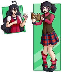  before_and_after black_hair book braces claire_(wakeykun) female_only femsub glasses knees_together nerd nerdification original skirt sweater transformation twintails xxcloneyxx  rating:safe score: user:wakeykun