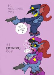  alternate_costume before_and_after belt bimbofication black_eyes blue_skin bra breast_expansion breasts cleavage comic corruption crop_top deltarune dialogue female_only femsub fish_girl furry gun hat huge_lips large_breasts lip_expansion lipstick long_hair makeup midriff pink_lipstick police_uniform policewoman ponytail putricia sharp_teeth shirt simple_background sparkle speech_bubble text undertale underwear undyne_(undertale) weapon wink yellow_sclera  rating:explicit score: user:da_janitor2