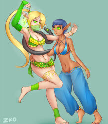 arm_bands barefoot bikini blonde_hair blue_hair bracelet breasts cleavage crystal dancer dark_skin dazed drool earrings elf elf_ears expressionless feet female_only femdom femsub gloves glowing glowing_eyes happy_trance harem_outfit hypnotic_eyes hypnotized_hypnotist jewelry large_breasts long_hair multiple_girls nail_polish navel_piercing opera_gloves original pendulum piercing ponytail short_hair skirt snake spiral_eyes symbol_in_eyes veil yuri zko rating:Questionable score:204 user:Zko