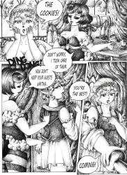 absurdres bee_girl bug_girl comic elf elf_ears female_only greyscale honey justsketchingviolets monochrome original short_hair text traditional rating:Questionable score:10 user:JustSketchingViolets