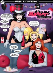 alternate_costume barbara_gordon blonde_hair cleavage collar comic corruption dc_comics dialogue face_paint female_only femdom femsub happy_trance harley_quinn large_breasts long_hair oracle polmanning red_hair text twintails western zatanna_zatara rating:Safe score:97 user:solddate