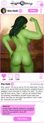 3d ass bottomless exhibitionism female_only femsub green_skin happy_trance humiliation large_ass marvel_comics muscle_girl nude saltygauntlet selfie she-hulk super_hero tech_control text topless user_interface rating:Explicit score:47 user:SaltyGauntlet