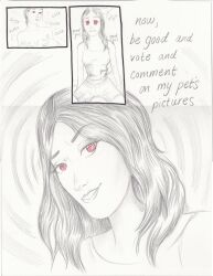 absurdres camera comic faustus femdom femsub hypnotic_eyes long_hair looking_at_viewer original ponytail sketch spiral spiral_eyes symbol_in_eyes text topless traditional rating:Questionable score:40 user:magnificentmesmer