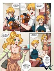 blonde_hair blush breasts comic green_eyes huge_breasts incest jadenkaiba long_hair mother_and_son original ponytail short_hair text thought_bubble tray yellow_eyes rating:Safe score:179 user:hypno