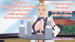 blonde_hair breasts clothed clothed_exposure dialogue dogdog english_text expressionless femsub glasses maid maledom milk naruto_(series) purple_eyes text tray tsunade rating:Explicit score:2 user:Bootyhunter69