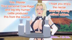 3d blonde_hair breasts clothed clothed_exposure dialogue dogdog english_text expressionless femsub glasses maid maledom milk naruto_(series) purple_eyes text tray tsunade rating:Explicit score:3 user:Bootyhunter69