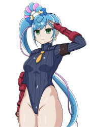 absurdres arm_bands bangs bare_legs blue_hair bracers breasts capcom crossover cure_spicy delicious_party_precure earrings expressionless female_only femsub fingerless_gloves gloves green_eyes hair_ornament hair_ribbon kokone_fuwa leotard long_hair magical_girl navel ponytail precure saluting shadaloo_dolls side_ponytail simple_background skymidaisuki solo standing standing_at_attention street_fighter tie twintails white_background rating:Questionable score:19 user:JustChilling