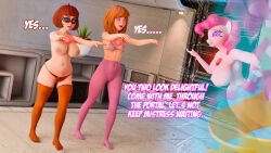 3d bra brown_hair clothed_exposure crystal daphne_blake exposed_chest female_only femdom femsub furry glasses glowing_eyes happy_trance headband hypnotized_hypnotist large_breasts lipstick long_hair midriff multiple_girls my_little_pony nipples orange_hair panties pinkie_pie portals scooby-doo_(series) short_hair supercasket tattoo text thighhighs tights undressing velma_dinkley zombie_walk rating:Questionable score:88 user:greenboy07