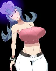 androgynous androgynous_dom arm_bands bare_shoulders belt black_background blue_hair breasts cleavage crossed_eyes dazed empty_eyes eye_roll eyebrows_visible_through_hair female_only femsub glowing hand_on_head haunter huge_breasts hypnotic_hands jeans lillytank_(manipper) manip navel nintendo open_mouth pokemon pokemon_(creature) pokemon_heartgold_and_soulsilver red_eyes sabrina short_hair tank_top thick_thighs thigh_gap toudori rating:Safe score:146 user:LillyTank