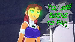 angry aware clothed dc_comics dialogue dogdog english_text female_only floating glowing_eyes green_eyes red_hair solo starfire text rating:Safe score:2 user:Bootyhunter69