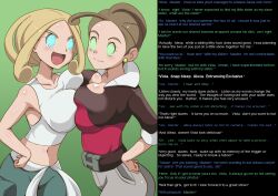 alexa_(pokemon) blonde_hair breast_press breasts brown_hair caption cleavage female_only femsub ghost13_(writer) glowing glowing_eyes hand_on_hip happy_trance icontrol_(manipper) large_breasts manip midriff navel nintendo open_mouth pokemon pokemon_x_and_y refuto short_hair sisters smile spiral_eyes symbol_in_eyes symmetrical_docking text viola_(pokemon) rating:Questionable score:156 user:Icontrol