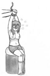 absurdres blush bondage breasts brown_hair empty_eyes female_only femsub greyscale hypel original panties sitting sketch solo spiral topless traditional underwear rating:Explicit score:10 user:HypelHub