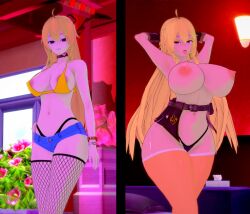  3d anaros before_and_after bikini_top bimbofication blonde_hair breast_expansion corruption female_only femsub fishnets jean_shorts large_breasts midriff rwby thighhighs thong topless transformation yang_xiao_long  rating:explicit score: user:a_anon264252