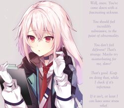  accidental_hypnosis androgynous ansel_(arknights) arknights caption caption_only clipboard clothed femboy gloves hypnofyre_(manipper) jacket maledom manip omuretsu pink_eyes pink_hair pov pov_sub text tie trap  rating:questionable score: user:hypnofyre