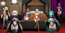 ahoge bed bedroom black_lipstick black_sclera blonde_hair blush boots breasts brown_hair cleavage cloak complex_background corruption darkness_(konosuba) fate/grand_order fate_(series) female_only fire_emblem fire_emblem_engage gloves green_hair green_lipstick hair_covering_one_eye happy_trance heart heart_eyes jeanne_alter jeanne_d'arc_(fate) kid_icarus kono_subarashii_sekai_ni_shukufuku_wo! large_breasts lipstick long_hair mask multiple_girls multiple_subs nintendo opera_gloves orange_lipstick palutena pink_eyes purple_lipstick red_hair red_lipstick shinzu smile swimsuit symbol_in_eyes underboob very_long_hair white_hair white_lipstick wiz_(konosuba) yunaka_(fire_emblem) rating:Questionable score:72 user:GoldenGang-Star