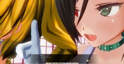 3d blonde_hair brown_hair collar curly_hair dialogue female_only femdom femsub heterochromia kamen_writer_mc magician mc_trap_town multiple_girls screenshot short_hair text rating:Questionable score:4 user:Amazingbrahjr