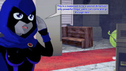 cloak clothed dc_comics dialogue dogdog english_text female_only goth grey_skin purple_eyes raven solo text rating:Safe score:1 user:Bootyhunter69