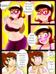 blush brown_hair comic crop_top dialogue glasses goggles hat heart_eyes jeans kobi94 kobi_(kobi94) lab_coat long_hair midriff ponytail speech_bubble symbol_in_eyes text rating:Questionable score:3 user:RayX