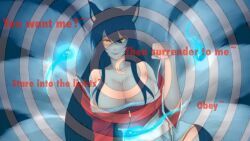 ahri breasts cleavage femdom fox_girl hypnofav1228_(manipper) kitsune_girl large_breasts league_of_legends long_hair looking_at_viewer pov pov_sub spiral text rating:safe score: user:blaster1228