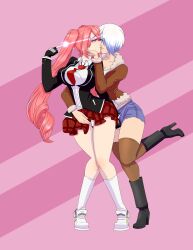 absurdres boots female_only femdom femsub happy_trance high_heels jaclyn_(corruptionprincess) kissing m-a-v-e-r-i-c-k mesmistress_(ming) multicolored_hair multiple_girls original pink_hair smile thighhighs twintails white_hair yuri rating:questionable score: user:corruptionprincess