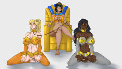 absurdres asterix_(series) barefoot black_hair blonde_hair bottomless breasts chains cleopatra_(asterix) collar crimson_(stepfordcrimson) dark_skin diandra_kendall_(stepfordcrimson) earrings egyptian female_only femdom femsub glasses gold hairpin happy_trance harem harem_outfit jewelry kneeling large_breasts leash long_hair mole original pussy short_hair smile spiral_eyes spread_legs symbol_in_eyes tomo86 rating:Questionable score:160 user:StepfordCrimson