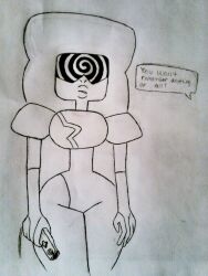 expressionless female_only femsub garnet greyscale itemshoplifter remote_control solo spiral steven_universe text traditional white_background rating:questionable score: user:doudile