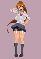 bike_shorts blue_eyes breasts brown_hair female_only femsub ganbari_mascarpone large_breasts long_hair original ponytail ribbon school_uniform see-through sharp_teeth tan_lines tan_skin rating:Safe score:54 user:Disastermaster55