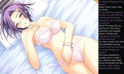 bare_shoulders bed bedroom blush bracelet breasts caption clothed collarbone couple_of_dragons_(manipper) dialogue double_teacher_life english_text eyebrows_visible_through_hair femsub game_cg glasses grey_eyes hair_clips hair_ornament heterochromia hypnotic_screen kurosaki_shigure large_breasts lingerie love maledom manip memory_alteration navel on_back open_mouth teacher tech_control text tomose_shunsaku underwear yellow_eyes rating:Explicit score:44 user:BugmenotEncore